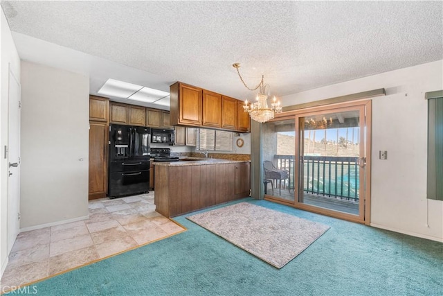 6991 Caminito Perico, San Diego, CA 92119 - kitchen with black appliances, brown cabinets, a chandelier, light colored carpet, and a peninsula