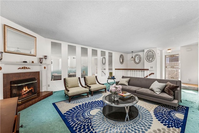 6991 Caminito Perico, San Diego, CA 92119 - living room featuring carpet, a textured ceiling, and a fireplace