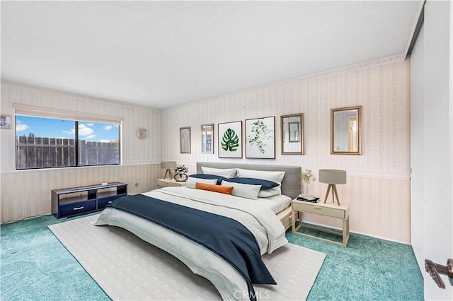 6991 Caminito Perico, San Diego, CA 92119 - bedroom with carpet flooring, wallpapered walls, and a wainscoted wall