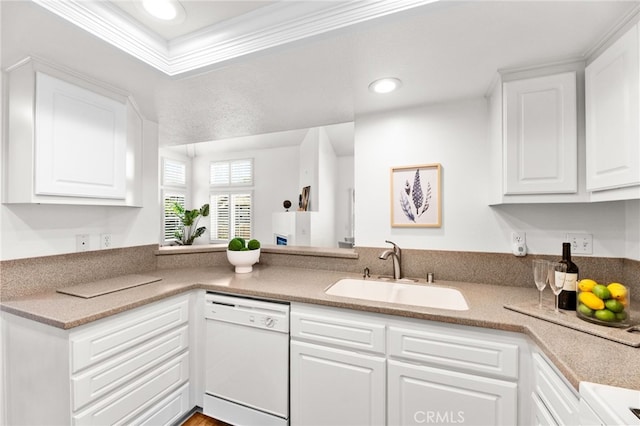 1026 N Turner Ave Unit 223, Ontario, CA 91764 - kitchen featuring white dishwasher, white cabinets, crown molding, recessed lighting, and light countertops