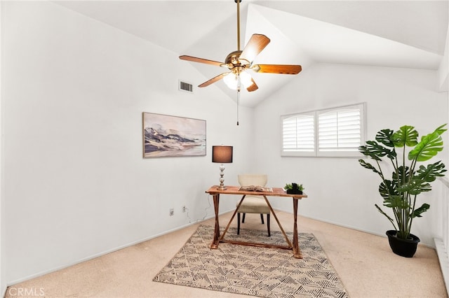 1026 N Turner Ave Unit 223, Ontario, CA 91764 - office area with light carpet, a ceiling fan, and vaulted ceiling