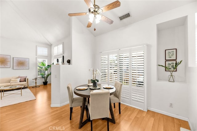 1026 N Turner Ave Unit 223, Ontario, CA 91764 - dining space featuring high vaulted ceiling, wood finished floors, and ceiling fan
