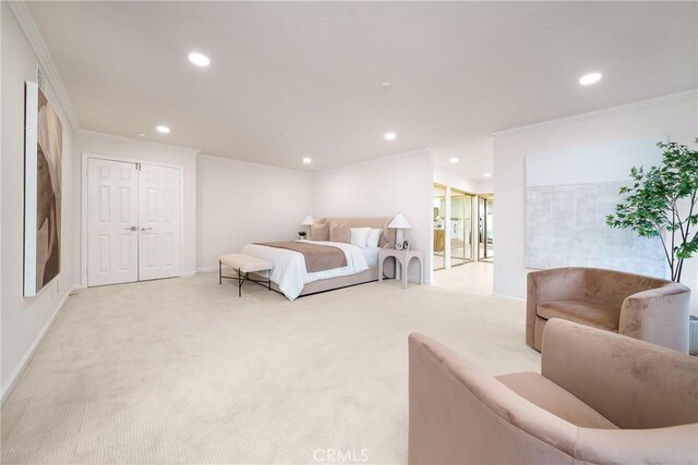 3823 Via Manzana, San Clemente, CA 92673 - bedroom featuring light colored carpet, ornamental molding, recessed lighting, and a closet