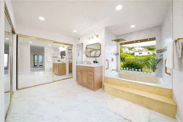 3823 Via Manzana, San Clemente, CA 92673 - full bath featuring vanity, a bath, recessed lighting, and marble finish floors