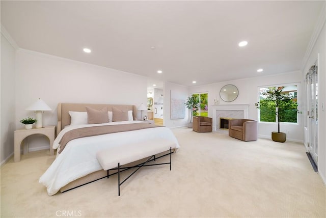 3823 Via Manzana, San Clemente, CA 92673 - bedroom featuring ornamental molding, carpet flooring, recessed lighting, and a high end fireplace