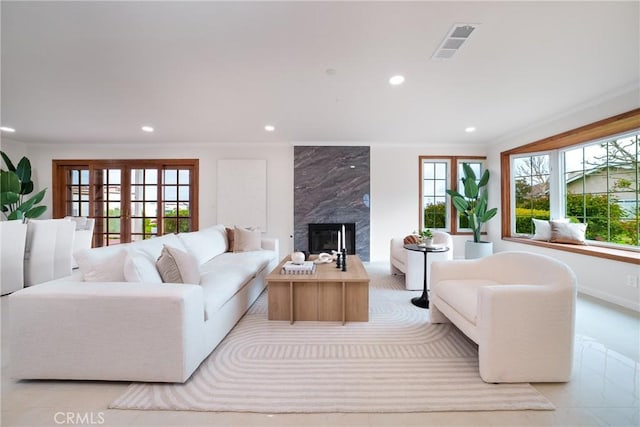 3823 Via Manzana, San Clemente, CA 92673 - living room with recessed lighting, ornamental molding, and a fireplace