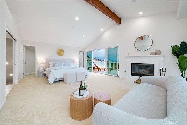 3823 Via Manzana, San Clemente, CA 92673 - bedroom featuring light carpet, recessed lighting, a fireplace with flush hearth, and access to outside