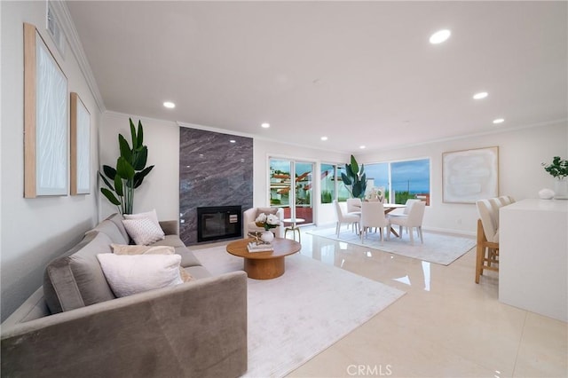 3823 Via Manzana, San Clemente, CA 92673 - living room with a premium fireplace, crown molding, and recessed lighting