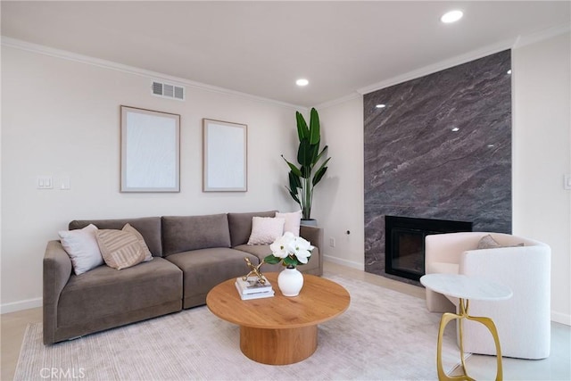 3823 Via Manzana, San Clemente, CA 92673 - living area featuring recessed lighting, crown molding, and a high end fireplace