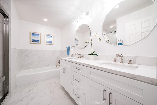 3823 Via Manzana, San Clemente, CA 92673 - full bath featuring double vanity, a garden tub, recessed lighting, and marble finish flooring