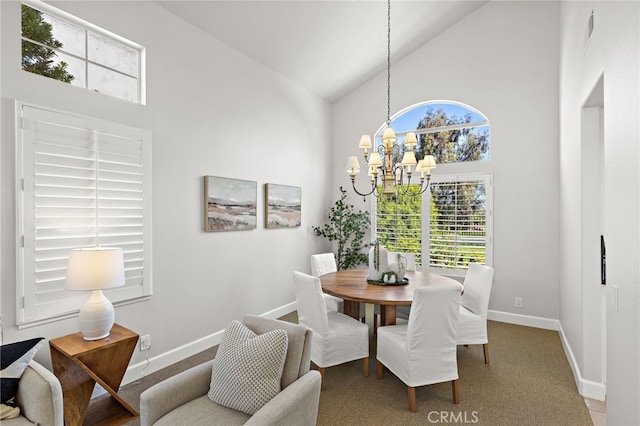 10 Novilla, Laguna Niguel, CA 92677 - dining room featuring a chandelier, high vaulted ceiling, and carpet flooring