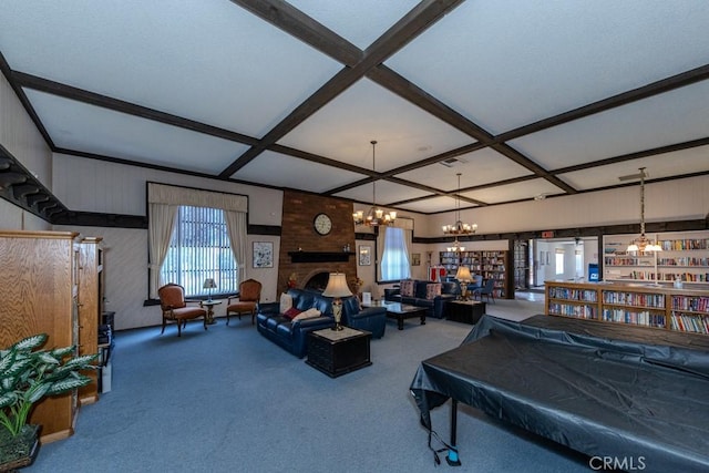 2851 Rolling Hills Dr Unit 255, Fullerton, CA 92835 - living area featuring a chandelier, carpet flooring, coffered ceiling, and a fireplace