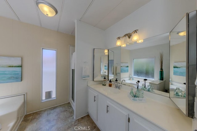 2851 Rolling Hills Dr Unit 255, Fullerton, CA 92835 - full bathroom with vanity, a bath, and a shower with door