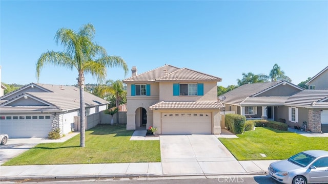 31652 Loma Linda Rd, Temecula, CA 92592 - view of front of house featuring stucco siding, concrete driveway, a tiled roof, a chimney, and a garage