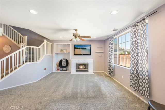 31652 Loma Linda Rd, Temecula, CA 92592 - unfurnished living room with ceiling fan, carpet, stairway, a fireplace, and recessed lighting