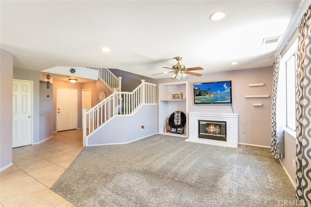 31652 Loma Linda Rd, Temecula, CA 92592 - unfurnished living room featuring stairway, ceiling fan, recessed lighting, a fireplace, and tile patterned flooring