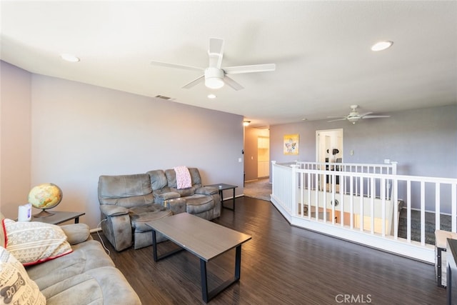 31652 Loma Linda Rd, Temecula, CA 92592 - living area featuring a ceiling fan, wood finished floors, and recessed lighting