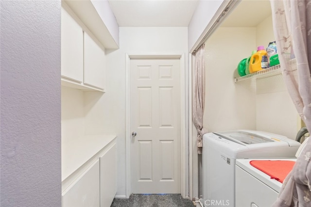 31652 Loma Linda Rd, Temecula, CA 92592 - laundry area featuring independent washer and dryer, cabinet space, and dark colored carpet