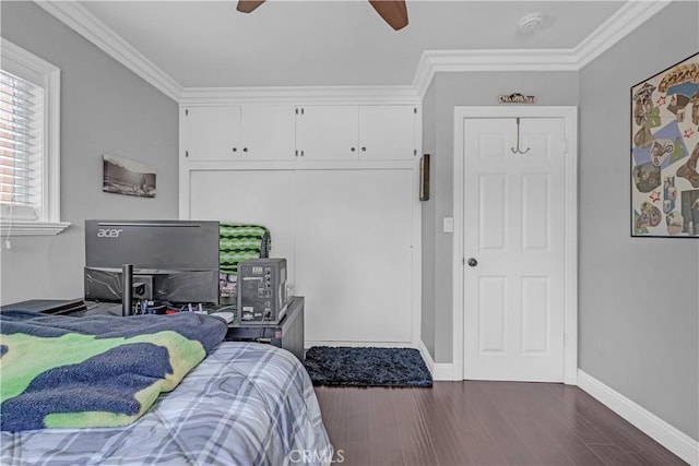 4477 Los Serranos Blvd, Chino Hills, CA 91709 - bedroom with dark wood-style floors, crown molding, and a ceiling fan