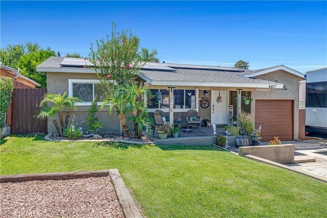 4477 Los Serranos Blvd, Chino Hills, CA 91709 - ranch-style house with an attached garage, a porch, concrete driveway, stucco siding, and solar panels