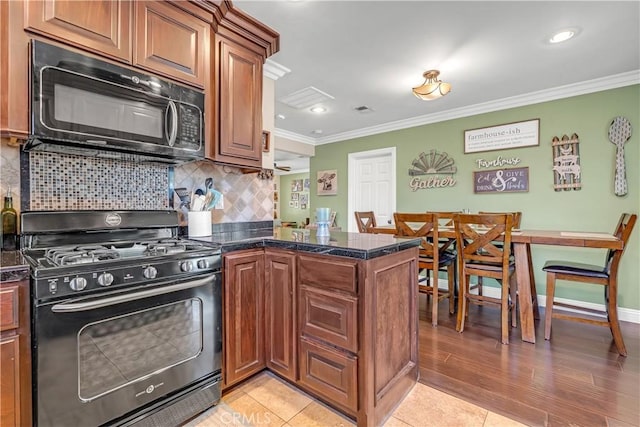 4477 Los Serranos Blvd, Chino Hills, CA 91709 - kitchen with black appliances, a peninsula, crown molding, tile counters, and backsplash