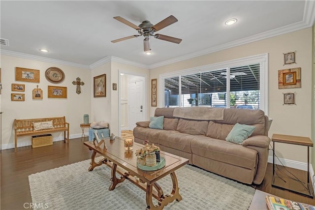 4477 Los Serranos Blvd, Chino Hills, CA 91709 - living area featuring ceiling fan, wood finished floors, crown molding, and recessed lighting