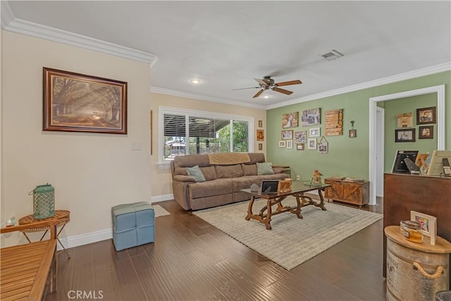 4477 Los Serranos Blvd, Chino Hills, CA 91709 - living room with a ceiling fan, ornamental molding, dark wood-type flooring, and recessed lighting