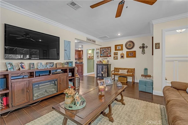 4477 Los Serranos Blvd, Chino Hills, CA 91709 - living area with a ceiling fan, dark wood-style floors, ornamental molding, and recessed lighting