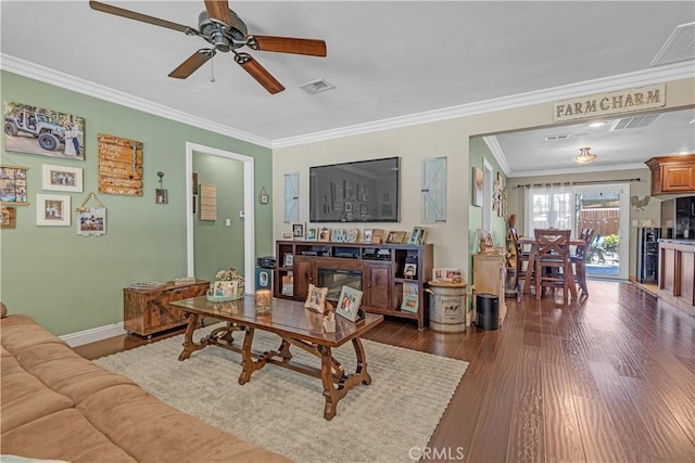 4477 Los Serranos Blvd, Chino Hills, CA 91709 - living area featuring crown molding, a ceiling fan, and dark wood finished floors