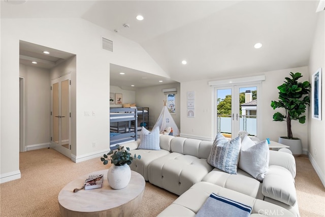 1554 E Oceanfront, Newport Beach, CA 92661 - living room with vaulted ceiling, carpet flooring, french doors, and recessed lighting