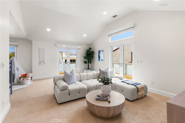 1554 E Oceanfront, Newport Beach, CA 92661 - living room with lofted ceiling, light colored carpet, healthy amount of natural light, and recessed lighting