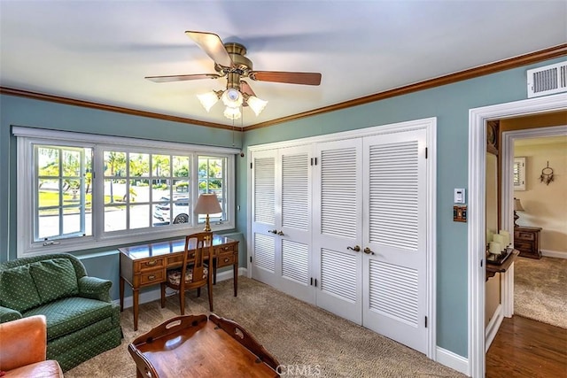 5591 Kenwood Ave, Buena Park, CA 90621 - sitting room with a ceiling fan, carpet, and crown molding