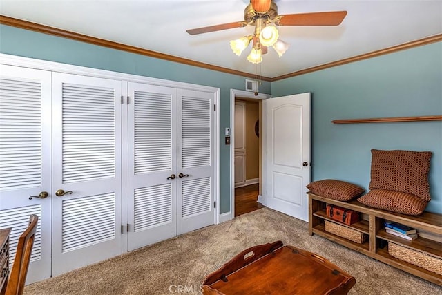 5591 Kenwood Ave, Buena Park, CA 90621 - sitting room with carpet floors, ceiling fan, and ornamental molding