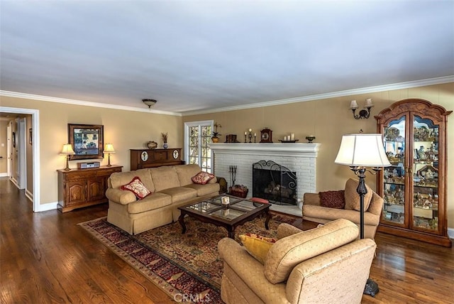 5591 Kenwood Ave, Buena Park, CA 90621 - living area with dark wood-style floors, crown molding, and a brick fireplace