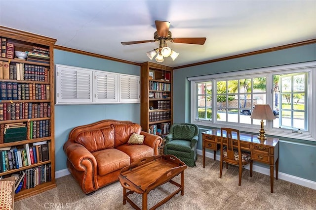 5591 Kenwood Ave, Buena Park, CA 90621 - sitting room featuring carpet floors, ceiling fan, and ornamental molding