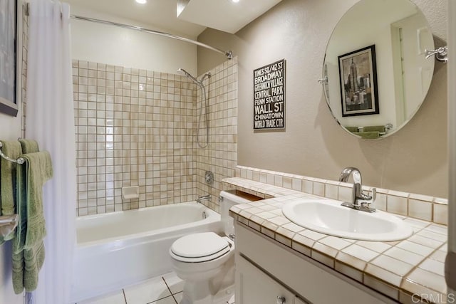 6942 Batiquitos, Carlsbad, CA 92011 - full bathroom with shower / bath combo, vanity, decorative backsplash, and tile patterned flooring