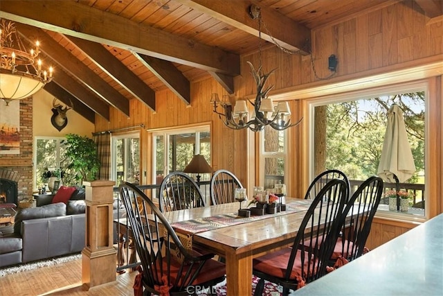 207 N Fairway Dr N, Lake Arrowhead, CA 92391 - dining room with a chandelier, wood finished floors, wood ceiling, wooden walls, and a fireplace