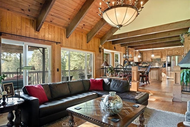 207 N Fairway Dr N, Lake Arrowhead, CA 92391 - living room featuring a chandelier, light wood-style flooring, wooden walls, a wooden ceiling with exposed beams, and high vaulted ceiling