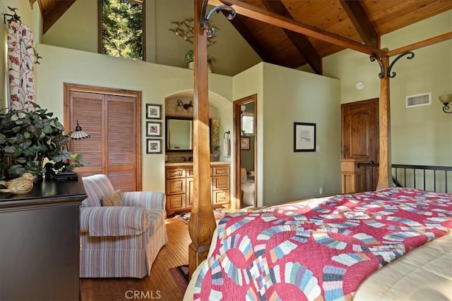 207 N Fairway Dr N, Lake Arrowhead, CA 92391 - bedroom featuring high vaulted ceiling, a wooden ceiling with exposed beams, wood finished floors, and a closet