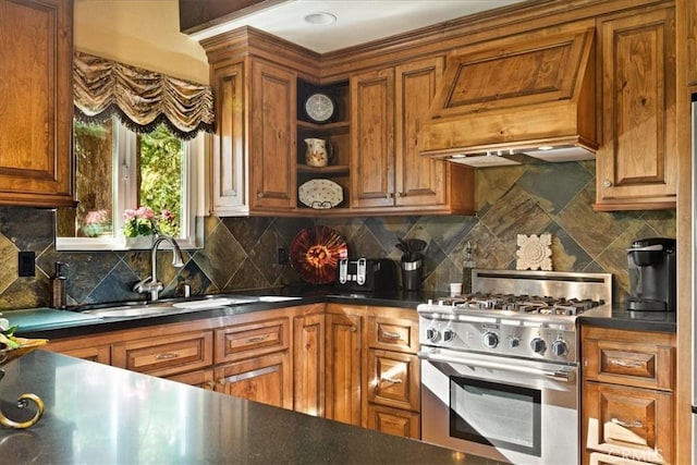 207 N Fairway Dr N, Lake Arrowhead, CA 92391 - kitchen featuring high end stainless steel range, brown cabinets, dark countertops, tasteful backsplash, and open shelves