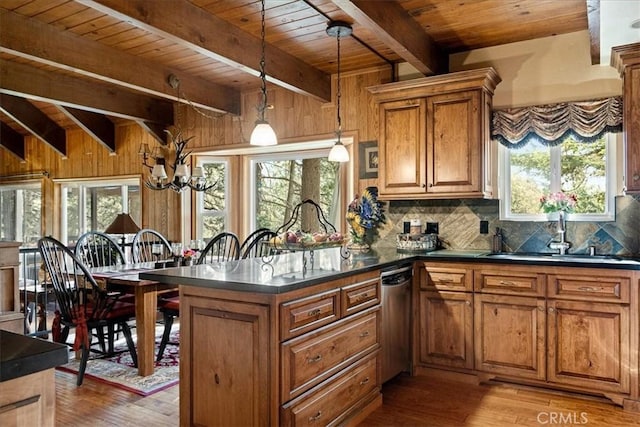 207 N Fairway Dr N, Lake Arrowhead, CA 92391 - kitchen with a wooden ceiling with exposed beams, brown cabinets, light wood-style floors, dishwasher, and backsplash