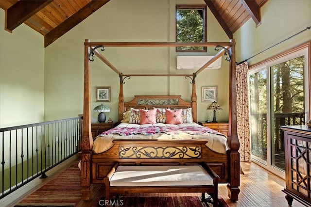 207 N Fairway Dr N, Lake Arrowhead, CA 92391 - bedroom featuring a wall unit AC, high vaulted ceiling, wood finished floors, a wooden ceiling with exposed beams, and access to exterior