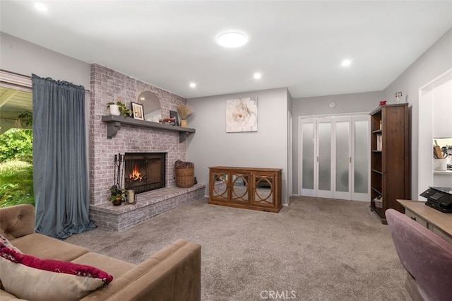 1434 N Rose St, Burbank, CA 91505 - living area featuring carpet, a brick fireplace, and recessed lighting