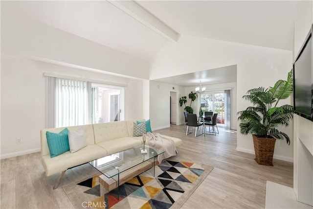 10 Windsong, Irvine, CA 92614 - living room featuring beamed ceiling, a chandelier, light wood-style flooring, and high vaulted ceiling