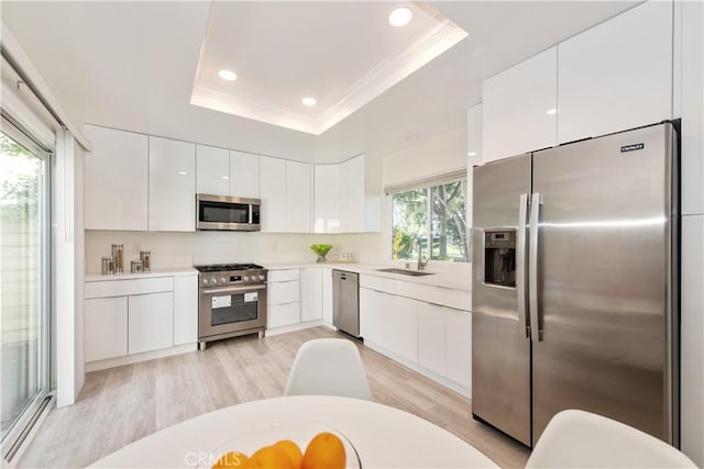 10 Windsong, Irvine, CA 92614 - kitchen with stainless steel appliances, a tray ceiling, ornamental molding, white cabinets, and modern cabinets
