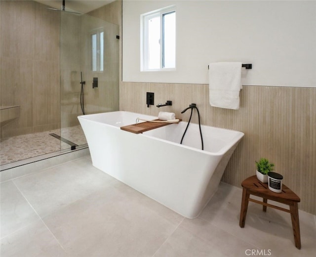 3518 W 228th St, Torrance, CA 90505 - full bathroom featuring a tile shower, a wainscoted wall, tile patterned flooring, and a freestanding bath