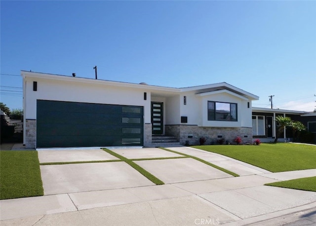 3518 W 228th St, Torrance, CA 90505 - contemporary house featuring stone siding, stucco siding, a garage, and concrete driveway