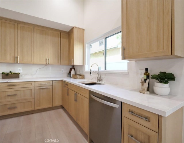 3518 W 228th St, Torrance, CA 90505 - kitchen with stainless steel dishwasher, light brown cabinetry, light countertops, and light wood-style floors