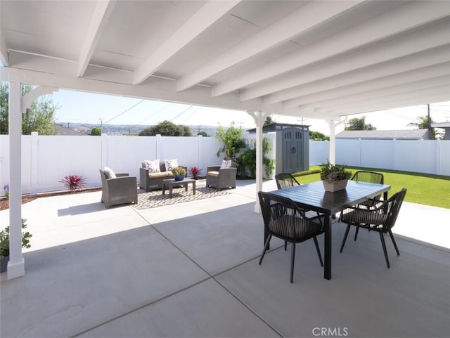 3518 W 228th St, Torrance, CA 90505 - fenced backyard featuring a shed, a patio, outdoor dining area, and an outdoor living space