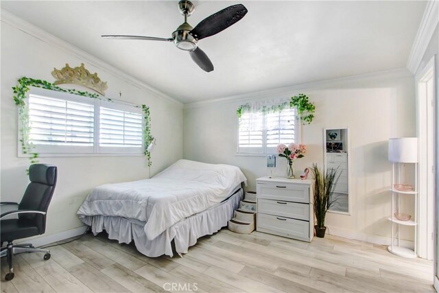 467 W Casad St, Covina, CA 91723 - bedroom featuring ornamental molding, multiple windows, light wood-type flooring, and a ceiling fan
